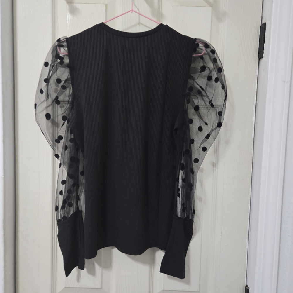 Chic Black Blouse with Sheer Polka Dot Sleeves